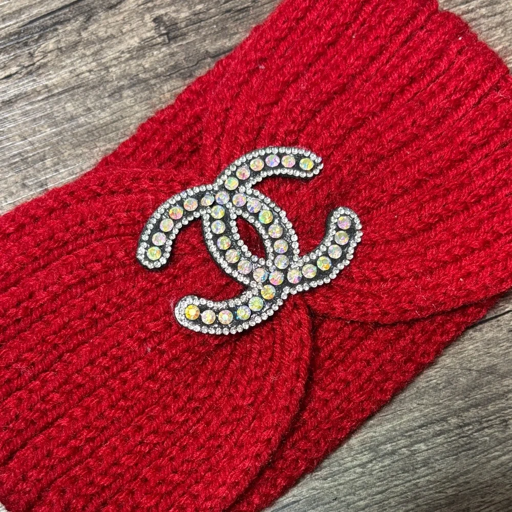 Vibrant Red Knit Headband with Embellished Logo - Picture 2 of 4